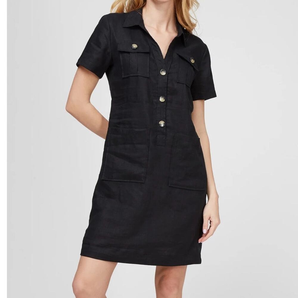 Caroll Paris Women's 46 Dress 100% Linen Short Sleeve Collared Pockets